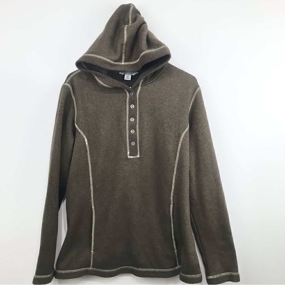 Guide Series Olive Brown 1/2 Snap Hooded Knit Fleece Pullover
